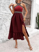 Vestido casual de verano sin mangas para mujer, sin espalda, bohemio, con abertura en la playa, negro - details 9