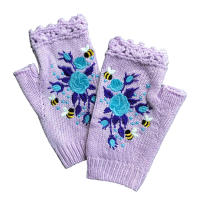Guantes cálidos sin dedos para mujer, calentadores de punto con flores bordadas, invierno frío - details 3