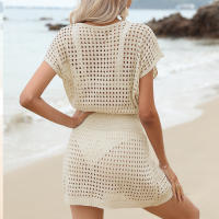 Vestido de ganchillo para cubrir bikini, túnica de playa de manga corta con cuello en V para mujer, minivestido de punto calado para resort, ropa de baño de verano - details 5