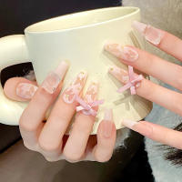 Uñas Postizas De Presión Hechas a Mano En Color Rosa Mate Con Patrón De Mariposa Y Lazo Diseño Coreano Dulce Para Mujeres Y Niñas - details 0