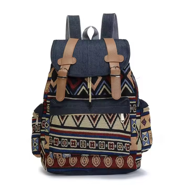 Mochila de lona vintage Mochila de mezclilla Mochila de color de contraste Bolso informal de gran capacidad - 1