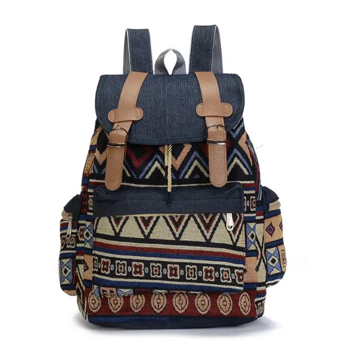 Mochila de lona vintage Mochila de mezclilla Mochila de color de contraste Bolso informal de gran capacidad - 1
