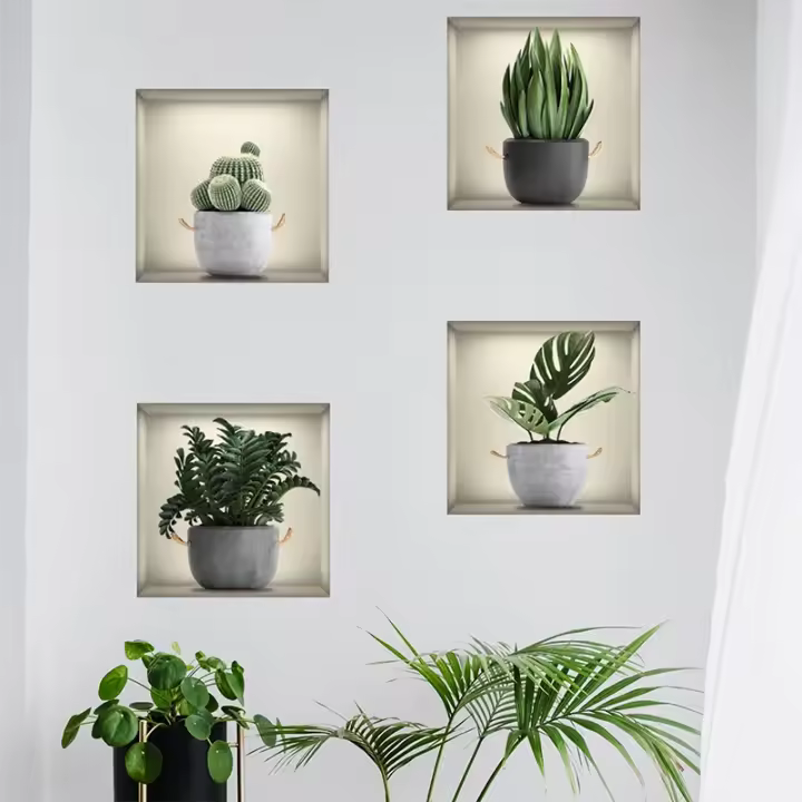 Pegatinas de pared de plantas verdes 3D, calcomanías de vinilo para ventana falsa, decoración de fondo para sala de estar, 4 piezas - 1