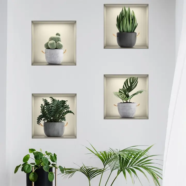 Pegatinas de pared de plantas verdes 3D, calcomanías de vinilo para ventana falsa, decoración de fondo para sala de estar, 4 piezas - 1