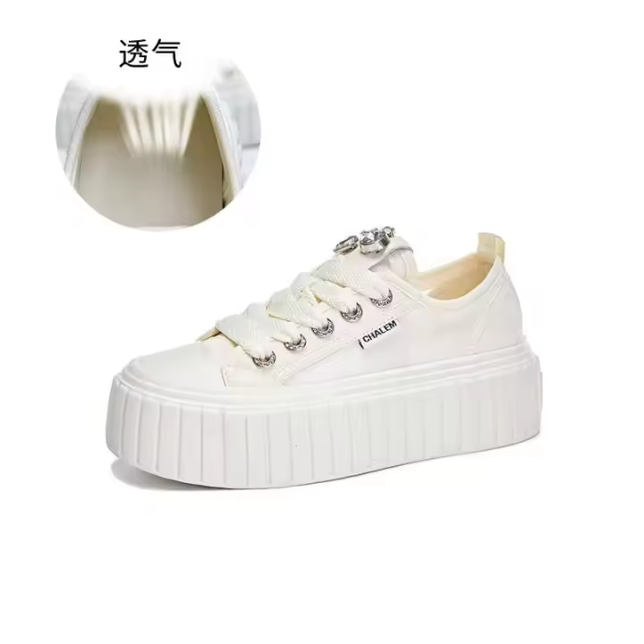 Zapatos de mujer con plataforma baja, zapatos deportivos de lona blanca - 1