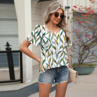 BUNO-2025 Nueva camisa de verano 2025 para mujer, ropa para mujer, blusa con cuello en V, Tops de manga corta a la moda, blusas holgadas con estampado Floral a rayas para mujer - details 33