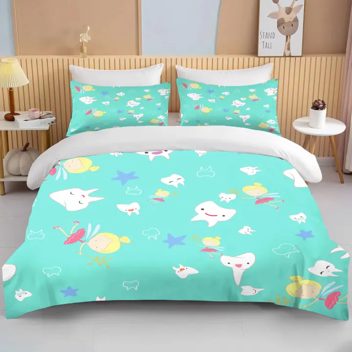 Juego de Ropa de Cama de Dibujos Animados de Dientes Cubierta de Edredón, Fundas de Almohada de Poliéster para Adultos y Niños - 1