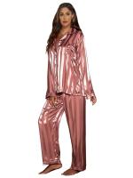 Conjunto de 2 piezas de manga larga a rayas para mujer, pijama de satén primavera/verano, pijama holgado para el hogar - details 1