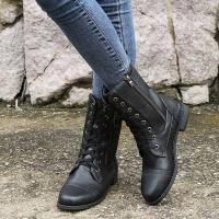 Botines de punta redonda con cordones para mujer, botas militares de combate de tacón bajo de media pantorrilla, botines de equitación - details 13