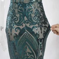 Noche retro con lentejuelas para mujer, un hombro, manga única, largo hasta el suelo, vestido de graduación elástico - details 8