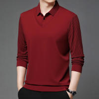 Polo de manga larga para hombre de alta gama, camiseta informal de dos piezas con cuello falso, camiseta a rayas - details 4