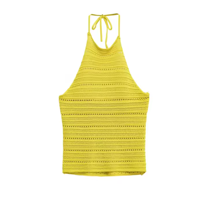 PB&ZA2025 estilo vacacional chaleco suéter con textura hueca y cuello halter top de tirantes para mujer nuevos productos de verano - 1