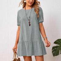 Vestido de cuello redondo de algodón y lino con cintura suelta de color sólido para mujer - details 1