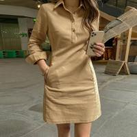 Elegante Vestido de Verano de Manga Larga Camisa de Color Sólido con Botones Sueltos y Bolsillos - details 2