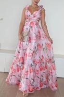 Vestido Largo de Fiesta Étnico con Volantes - Tul Floral Estampado Tropical, Tirantes Finos Ajustables - Elegante Vestido de Noche para Bodas, Fiestas de Verano 2025 - details 3