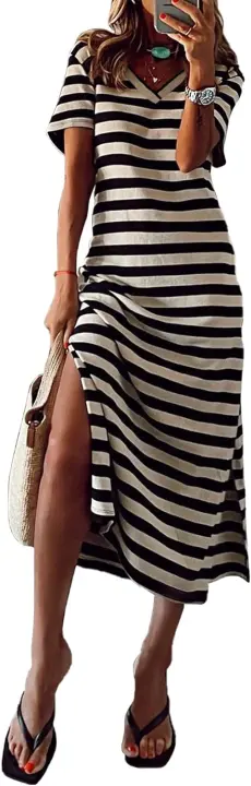 Vestido largo informal de manga corta con cuello en V para mujer, vestido veraniego a rayas, holgado, largo, para verano y playa, 2024 - 1