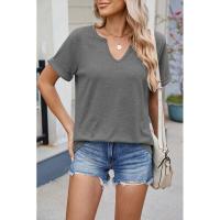 BUNO-2025 Nueva camiseta holgada de manga corta con cuello en V de Color sólido para mujer - details 19