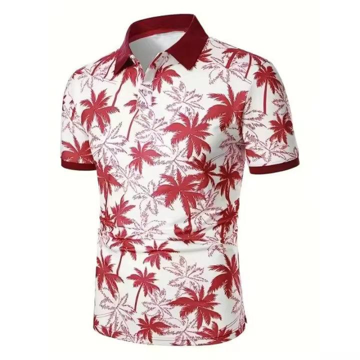 Polo a rayas de color con estampado 3D para hombre, camiseta informal con solapa de manga corta con patrón de árbol de coco, camiseta extragrande - 1