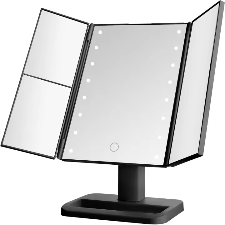 Espejo de tocador LED triple plegable negro, 3 aumentos y luces LED regulables, espejo de maquillaje iluminado, Control táctil - 1