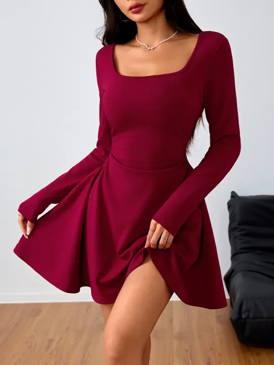 Vestido elegante de cuello cuadrado de mujer, falda roja de vino de cintura alta - 1