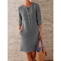 Primavera nuevo vestido de manga larga con cuello redondo de algodón y lino de talla grande para mujer - details 3