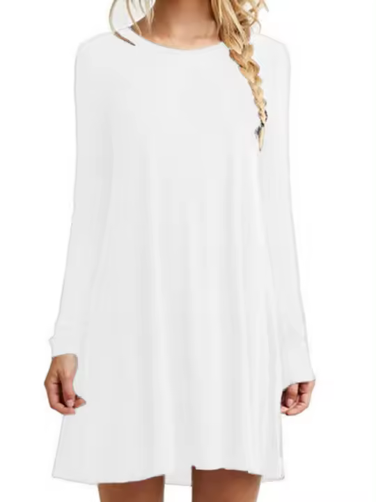 Vestido holgado plisado de manga larga para mujer, vestido informal de Color sólido con cuello redondo, Vestidos de Otoño Invierno - 1