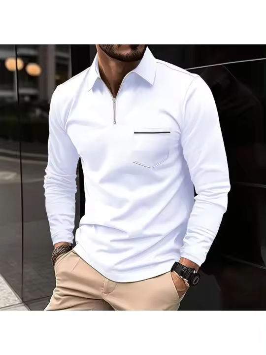 Camisa polo con bolsillo con cremallera, polo deportivo de manga larga para hombre - 1