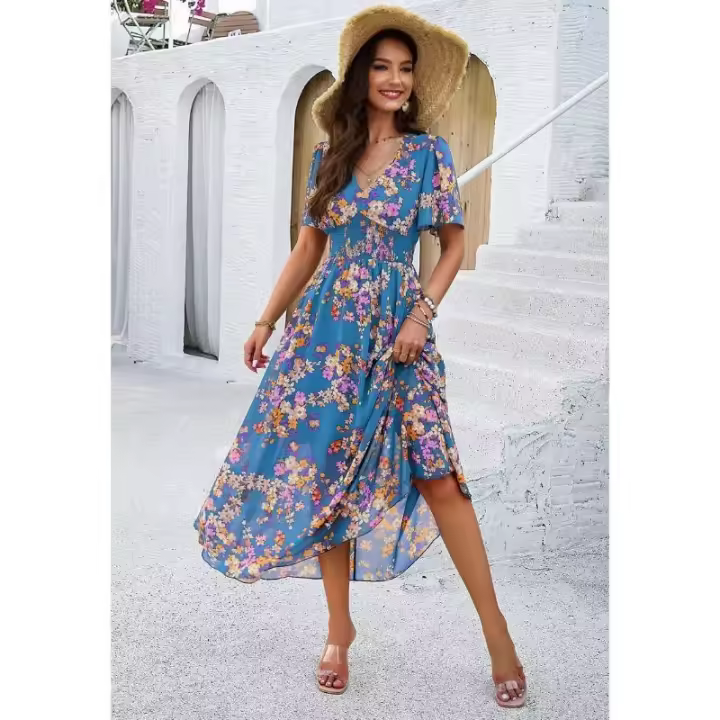 Ropa de mujer 2025 Primavera/novedad de verano estilo temperamento estampado cintura ceñida vestido de gasa de manga corta - 1