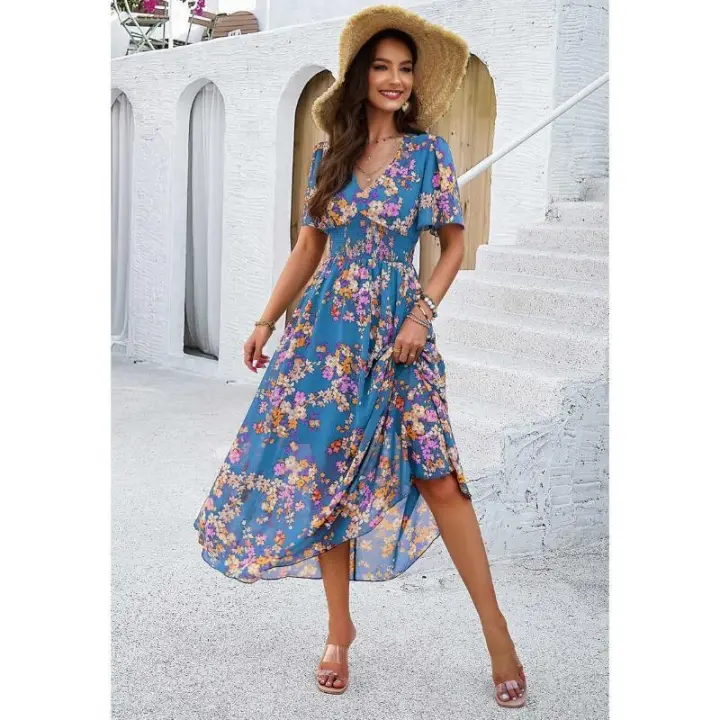 Ropa de mujer 2025 Primavera/novedad de verano estilo temperamento estampado cintura ceñida vestido de gasa de manga corta - 1