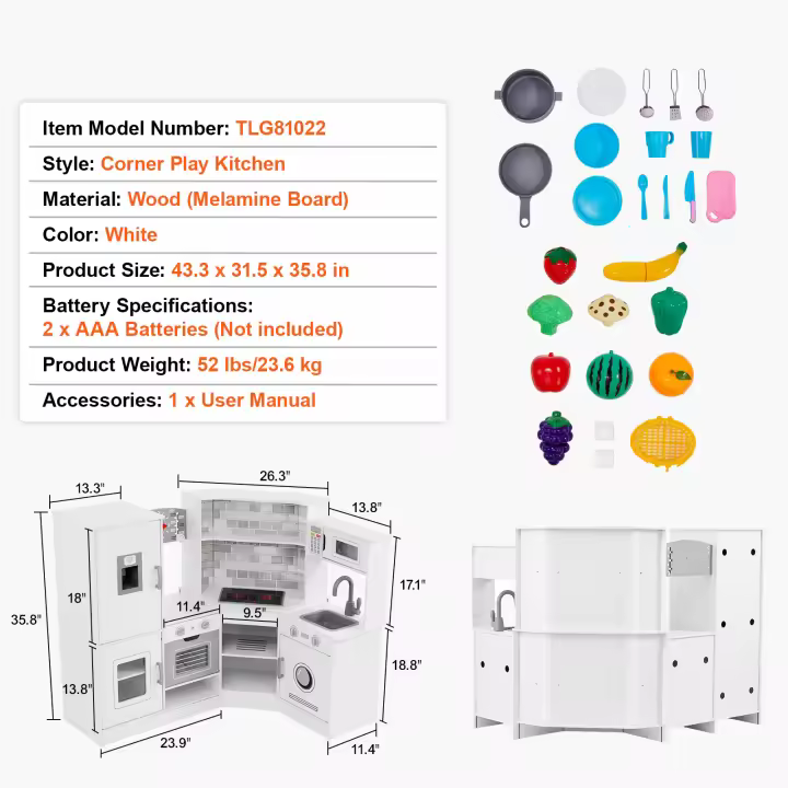 SucceBuy Play Kitchen para niños, juego de cocina de juguete de madera con luces y sonidos. Cocina para niños pequeños con máquina para hacer hielo, horno, fregadero, microondas, refrigerador, utensilios y accesorios para frutas para edades de 3 a 8 años - 1