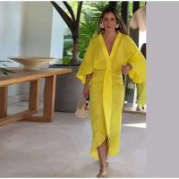 Elegante Vestido Medio de Pliegue Sólido Cuello en V, Mangas Acolchadas, Largo para el Verano 2024 - details 11