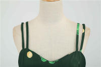 Spaghetti strap summer women green floral print high waist slim elegant vintage a-line midi dress - details 5