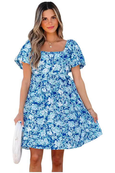 Elrachen Mini vestido babydoll floral con mangas abullonadas para mujer, azul, tallas S-XL - 1