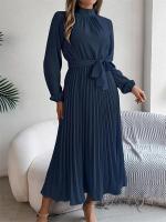 Vestido plisado elegante con cuello levantado y manga larga y cintura cerrada para mujer, vestido largo de Otoño Invierno - details 15