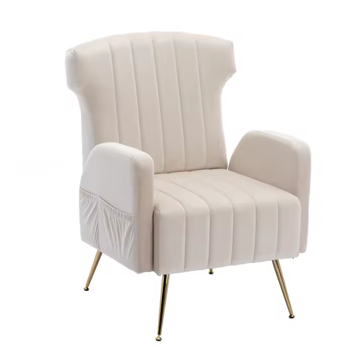 Silla decorativa con respaldo de ala de terciopelo y sofá salón con patas doradas de metal - 1
