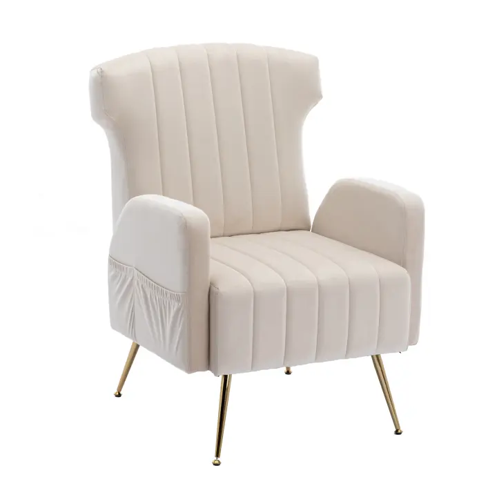 Silla decorativa con respaldo de ala de terciopelo y sofá salón con patas doradas de metal - 1
