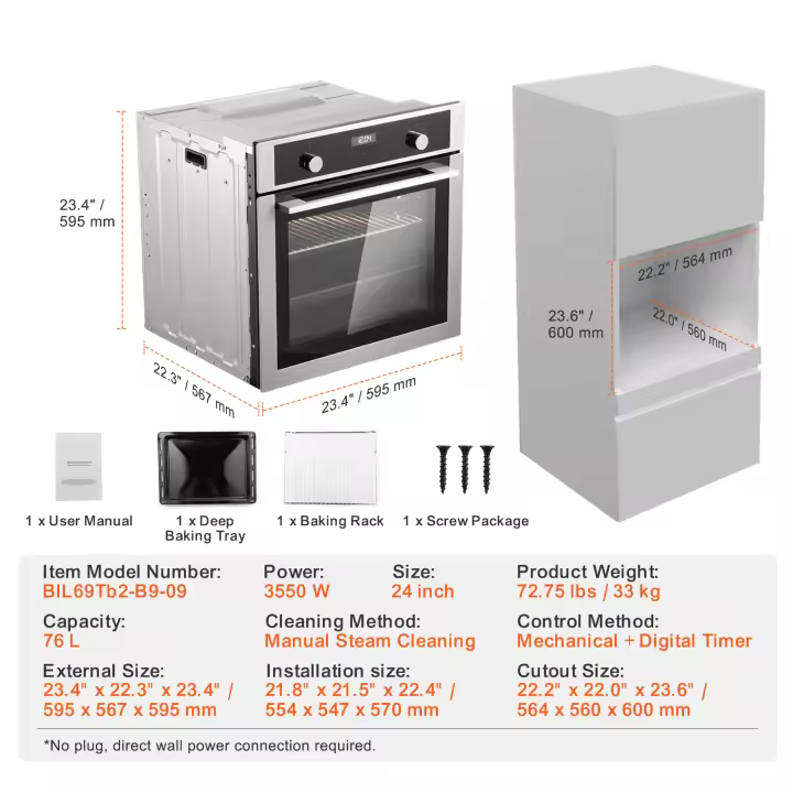 SucceBuy Horno eléctrico de pared incorporado de 24" - Múltiples funciones de cocción con rejilla y bandeja para hornear, calentamiento rápido a 200 ° C" - 1