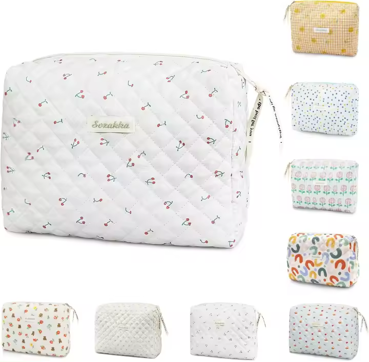 Neceser de viaje, bolsa de maquillaje de viaje floral de algodón, bolsa de cosméticos portátil, bolsa de almacenamiento de maquillaje de viaje para mujeres y niñas - 1