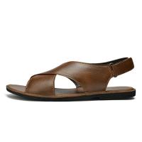 Sandalias de Estilo Vintage para hombre, zapatos informales de cuero genuino para exteriores, zapatos de playa con punta abierta, planos romanos para caminar - details 4