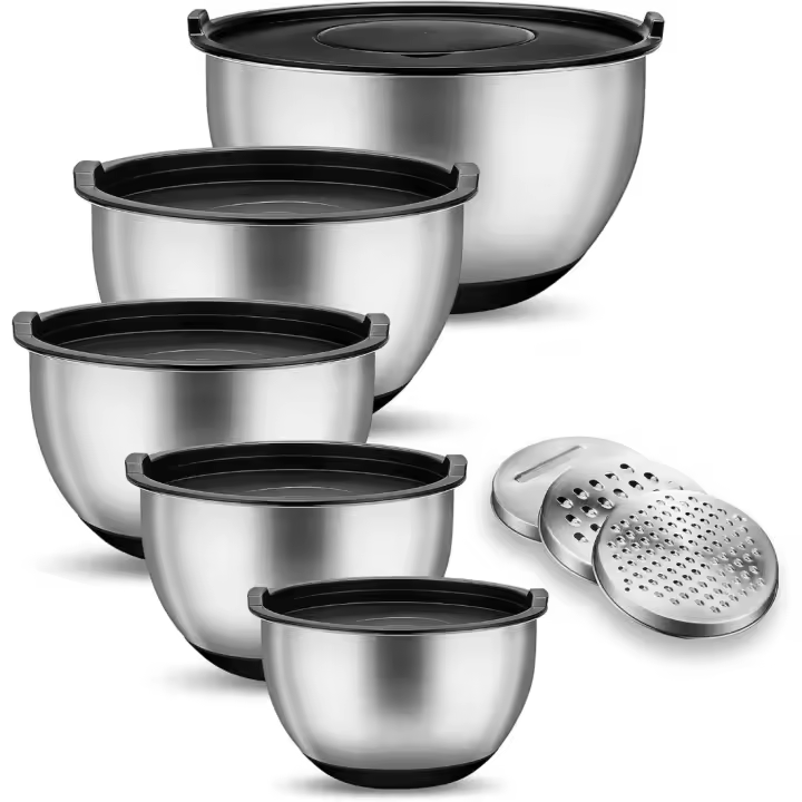 Juego de cuencos de acero inoxidable, 5 unidades, ensaladera con tapa, cuenco para mezclar con 3 ralladores, base de silicona antideslizante, 5 l, 3 l, 2 l, 1,5 l, 1 l, diferentes tamaños para - 1