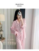 Conjunto de pijama para mujer, pijama de manga larga de satén de seda sintética a rayas estampadas de 2 piezas, decoración del hogar para primavera y otoño - details 2