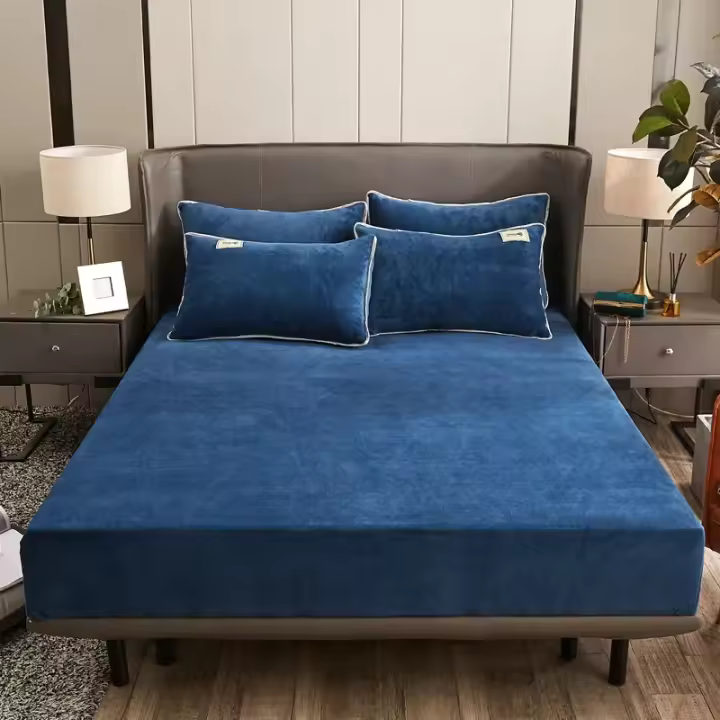 Sábana bajera de felpa de invierno, Sábana elástica doble, colcha cálida, Funda de colchón de Color sólido, Protector de lino de cama (sin funda de almohada) - 1