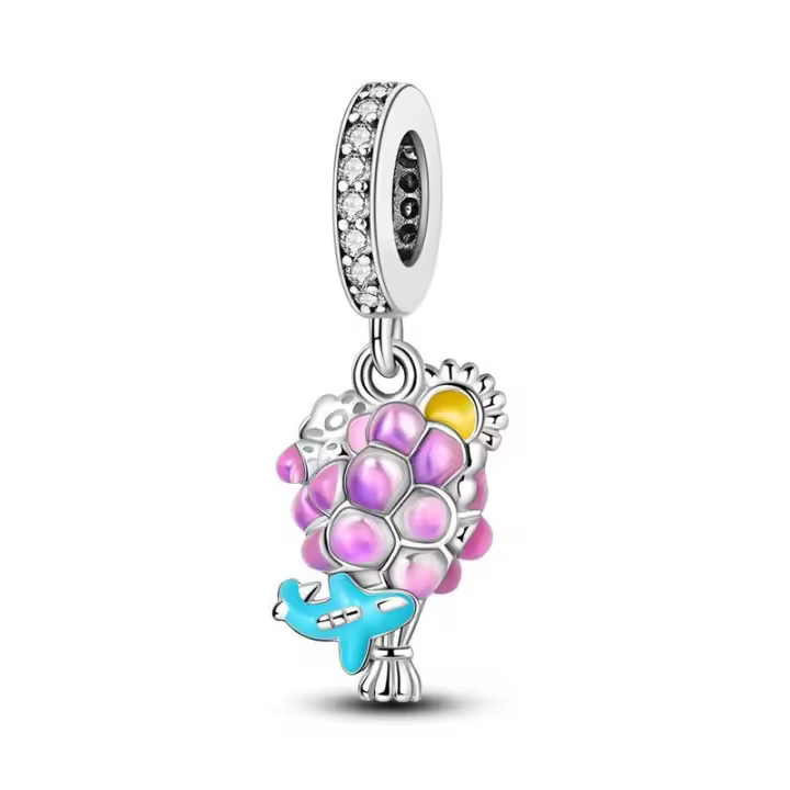 Colgante de Pulsera de Plata Elegante Mariposa Azul, Flores Coloridas, Piedra Blanca - 1