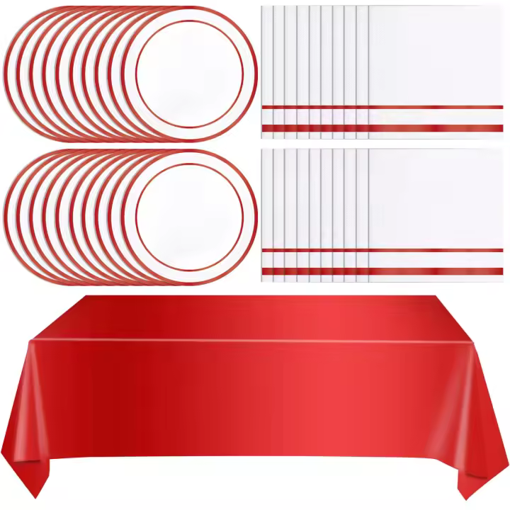 Suministros de Fiesta Rojos Vajilla Desechable para 49PCS Incluye 24 Platos, 24 Servilletas y 1 Mantel Ideal para Pastel, Ensalada, Pizza, Celebraciones de Cumpleaños, Graduación, Boda - 1