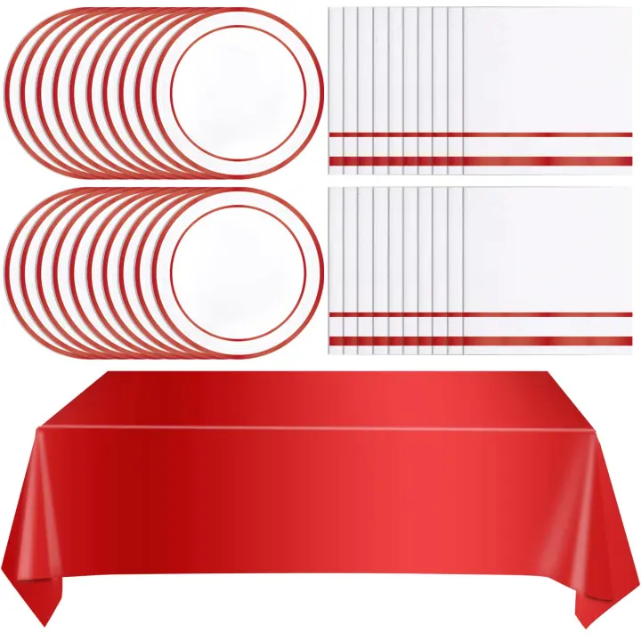 Suministros de Fiesta Rojos Vajilla Desechable para 49PCS Incluye 24 Platos, 24 Servilletas y 1 Mantel Ideal para Pastel, Ensalada, Pizza, Celebraciones de Cumpleaños, Graduación, Boda - 1