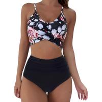 Traje de baño dividido de cintura alta para mujer, bikini multicolor con estampado de cuello halter cruzado - details 15