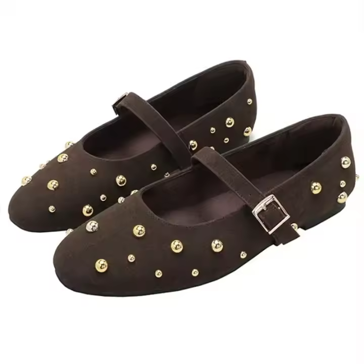 Zapatos de Ballet Planos para Mujer con Diseño de Remaches Dorados Suela Suave Antideslizante con Cinturón de Gamuza Sintética y Tirante de Metal - 1