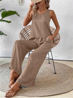 Chaleco informal de dos piezas con encaje calado de Color sólido para primavera y verano para mujer, pantalones largos de pierna ancha - details 17