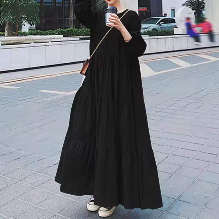 Vestido de Swing Largo para Mujer 2024 Cuello en V con Volantes Algodón y Cáñamo Elegante y Suelto - 1