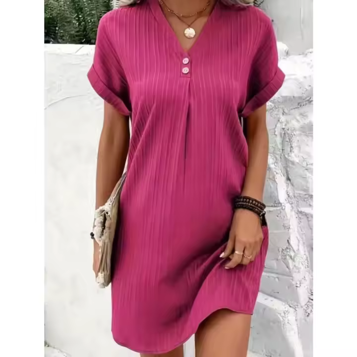 Vestido casual cómodo con botones y escote en V de color liso. - 1